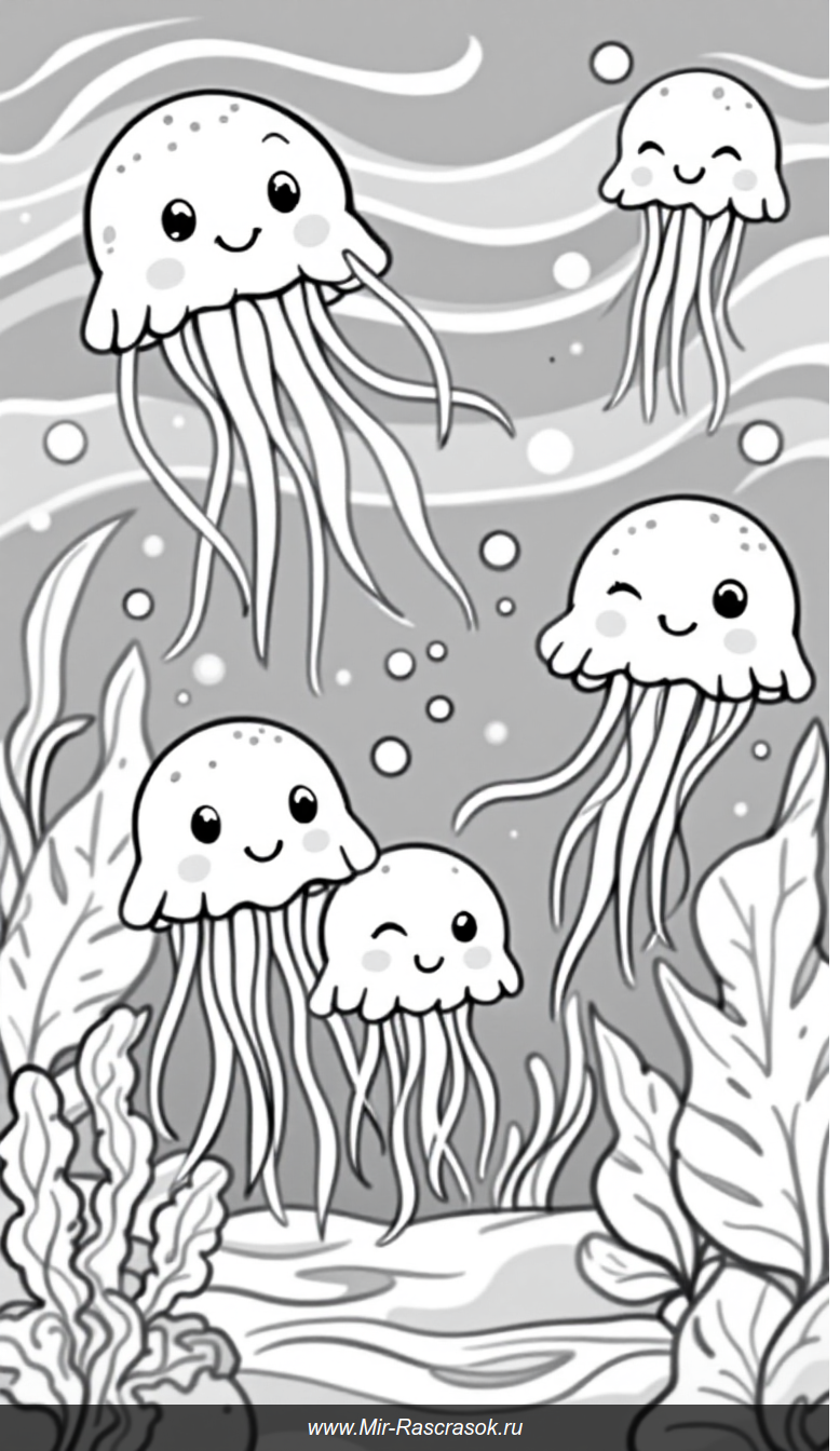 Радостное подводное царство счастливых медуз для детской раскраски