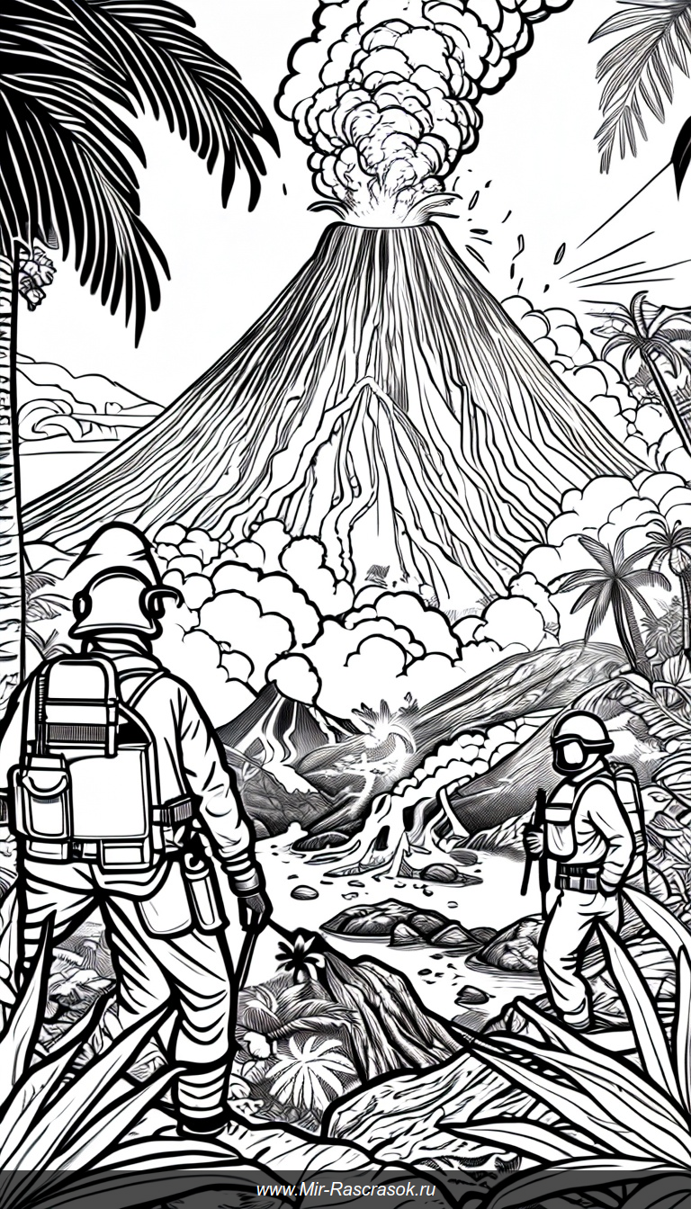 Раскраска с приключением у извергающегося вулкана и исследователями в защитной экипировке
