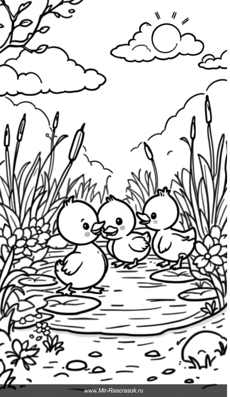 Весёлая природа у пруда раскраска с милыми утятами для детей
