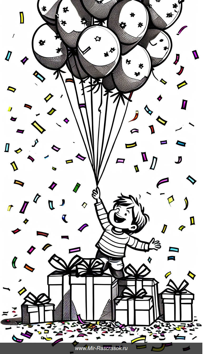 Раскраска праздничный день с шарами подарками и радостным ребенком