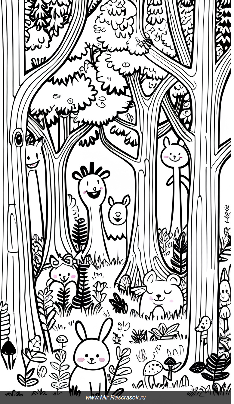 Волшебный лес для раскрашивания с весёлыми деревьями и забавными зверятами