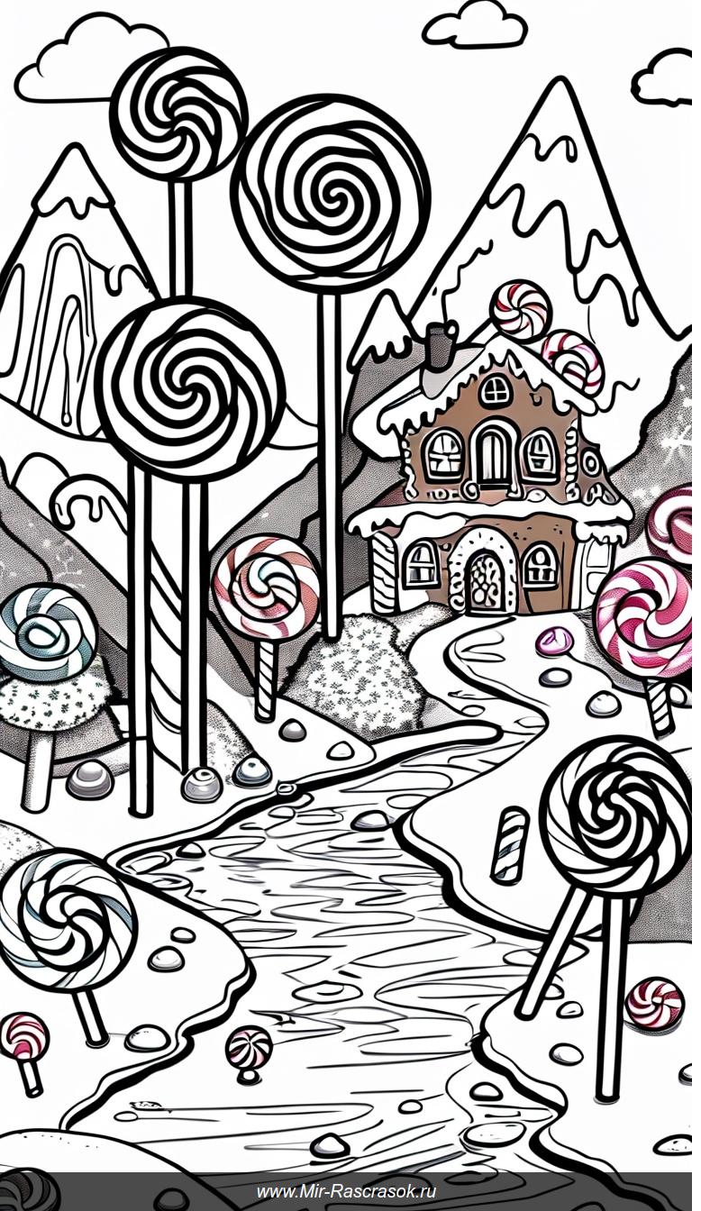 Волшебная страна конфет в раскраске черно-белых сладких приключений