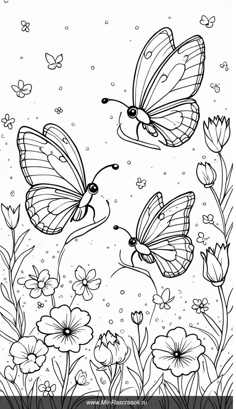 Эскиз для раскраски: три бабочки с цветами