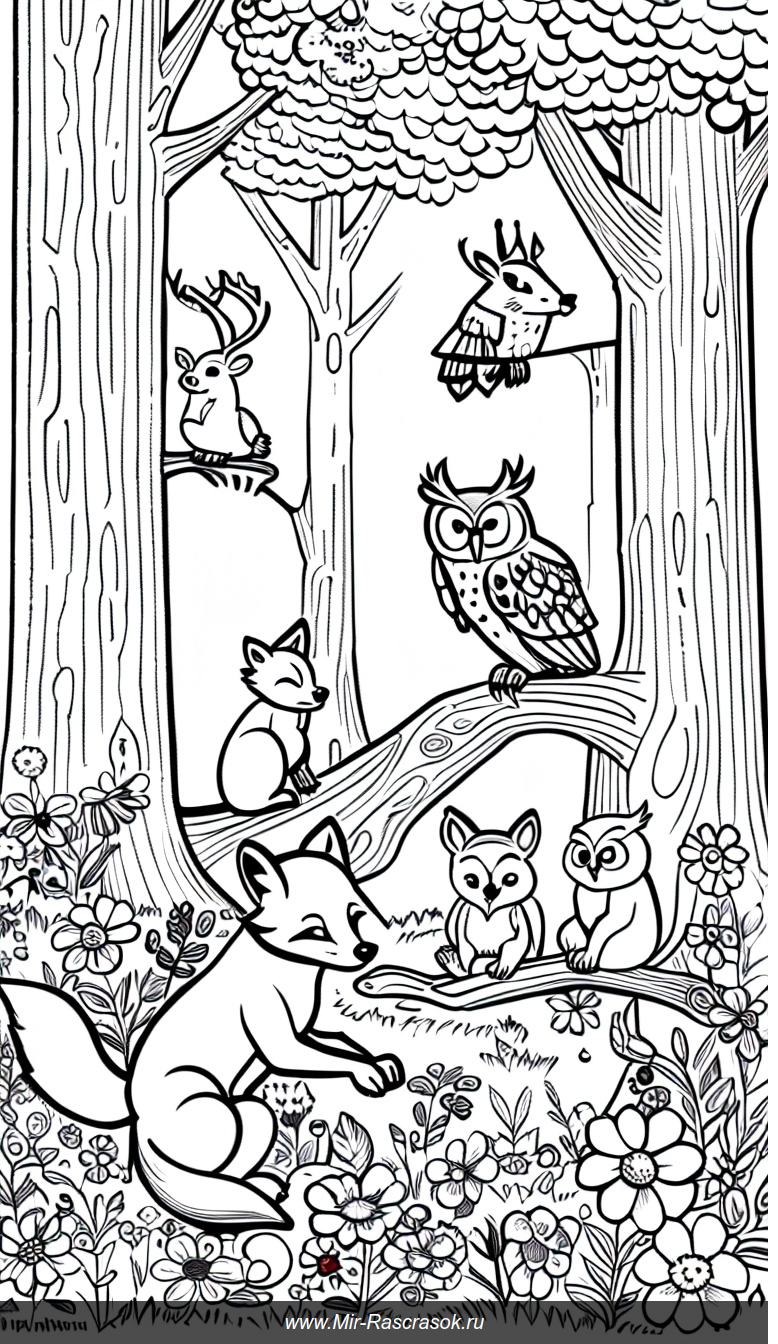 Уютный лес с животными волшебный раскраска для детей