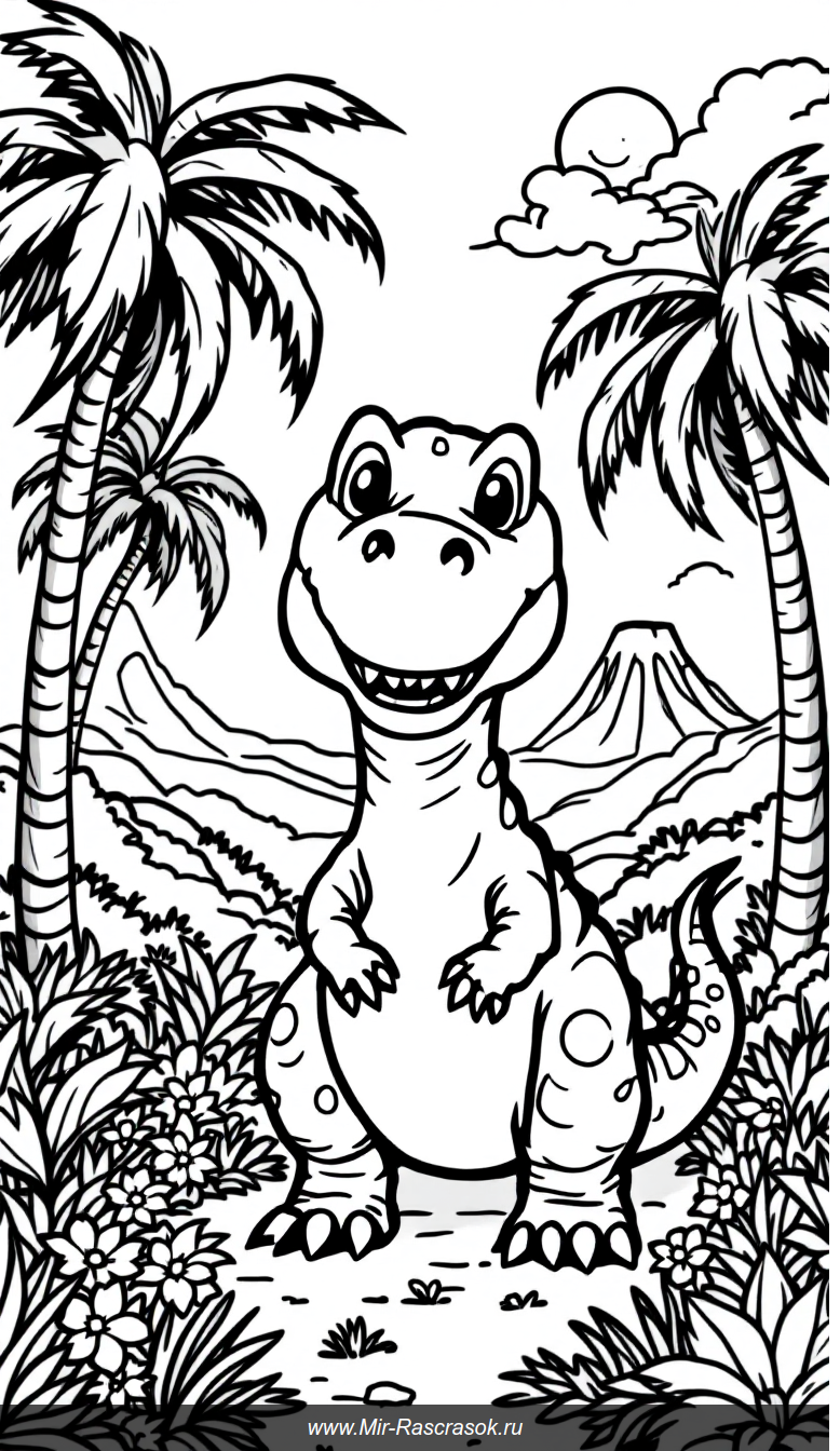 Дружелюбный Тираннозавр в солнечном доисторическом парке для раскрашивания