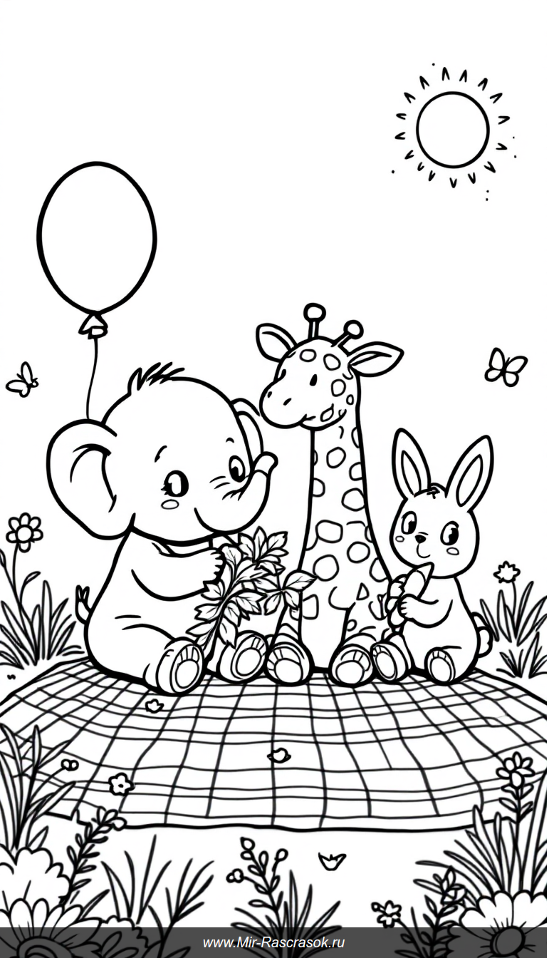 Веселый пикник малышевых животных в раскраске