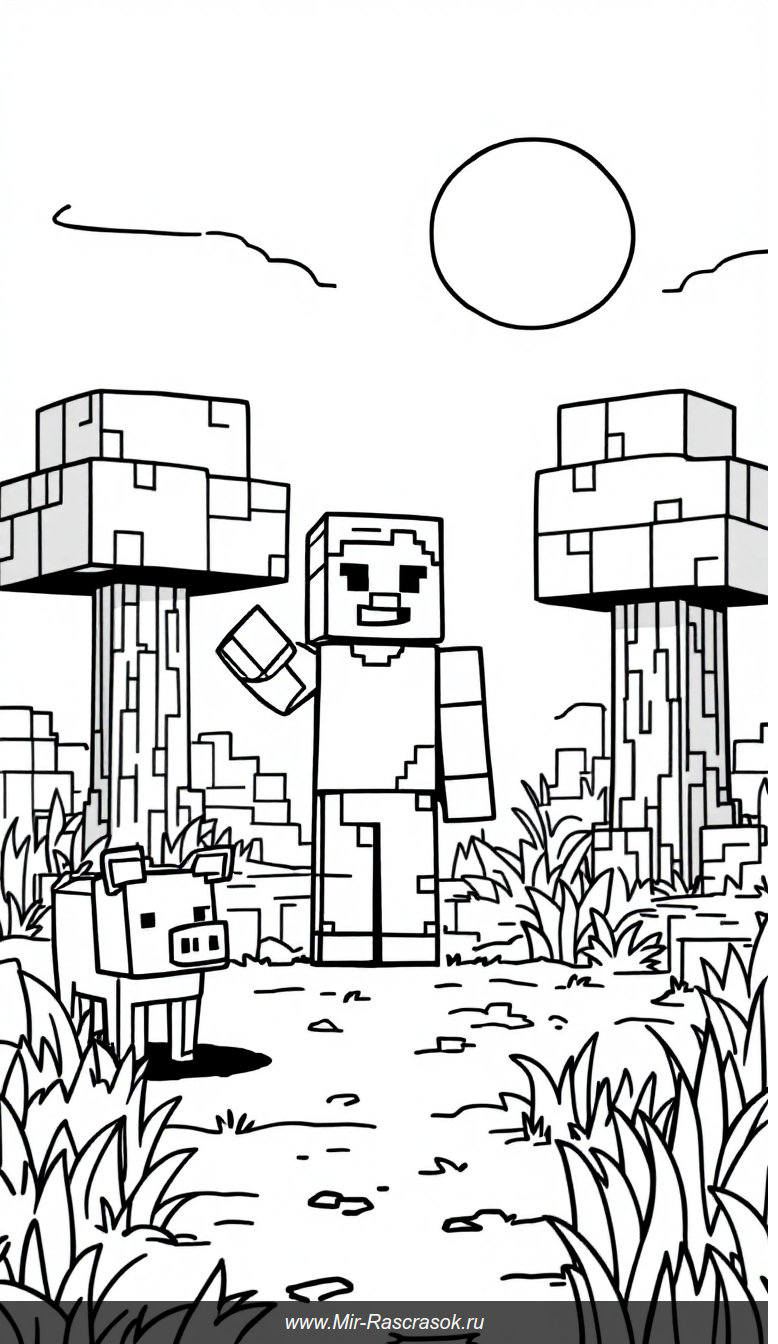 Раскраска Майнкрафт простые блоки и дружелюбные герои для детей
