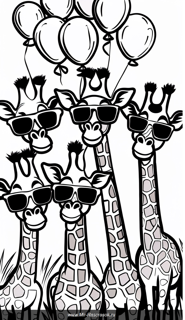 Веселые жирафы в огромных очках и забавных шляпах среди воздушных шаров на саванновом фоне