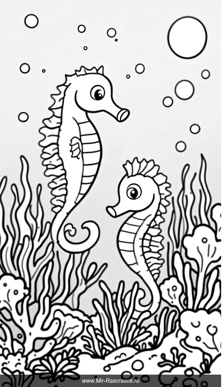 Раскраска с морскими коньками и кораллами для детей