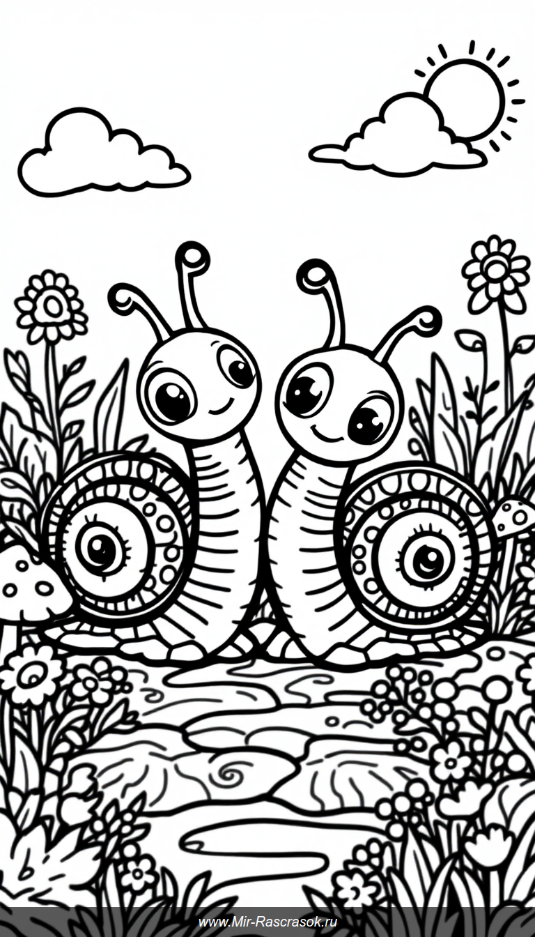 Познакомьтесь с дружелюбными улитками в нашей раскраске 🌿🐌 Простые линии и милые детали идеально подходят для детей 🎨 Развивайте творчество и наслаждайтесь спокойной природой вместе с веселыми обитателями сада 🌞🌸 Отличный способ провести время с пользой и радостью