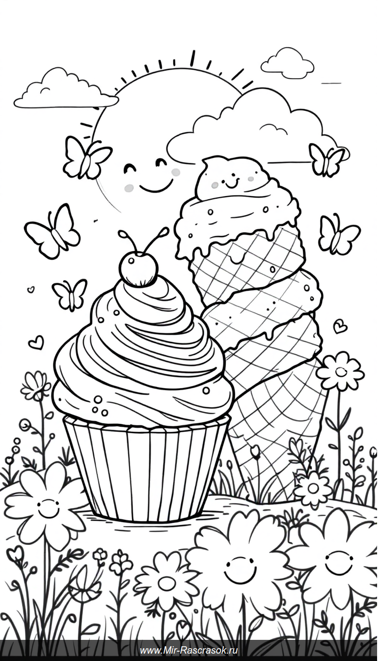 Радостная раскраска с тортом мороженым солнечными бабочками и цветами для детей