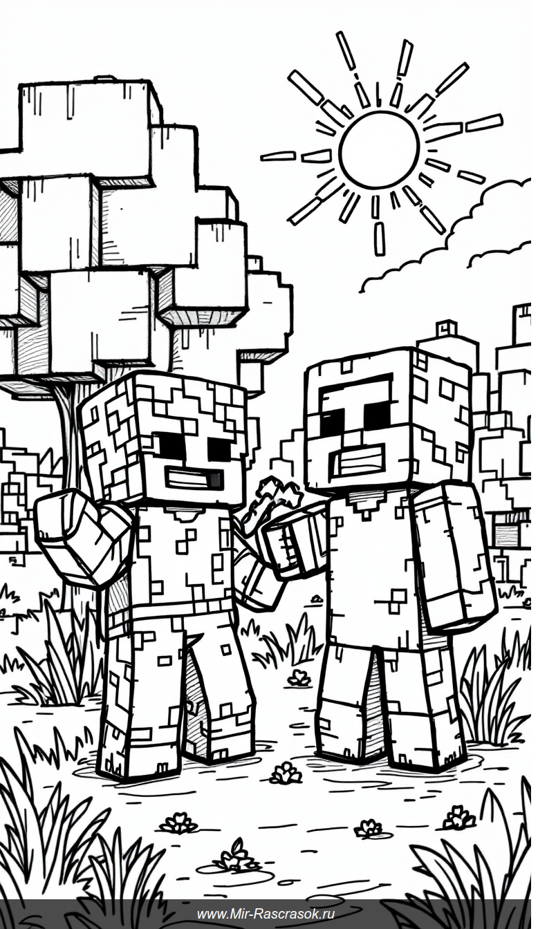 Дружелюбный Minecraft для детей раскраска со Стивом и Крипером