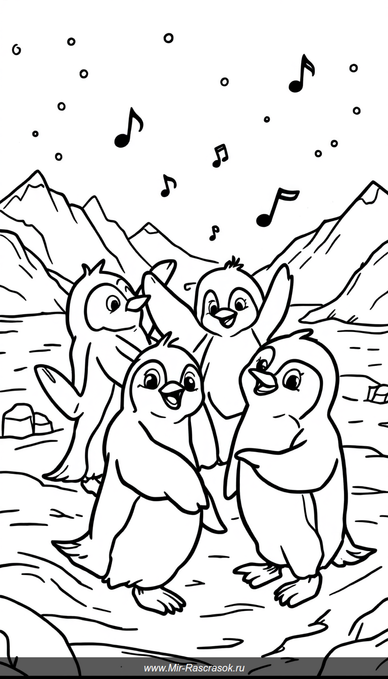 Веселые танцующие пингвины в раскрасках для детей