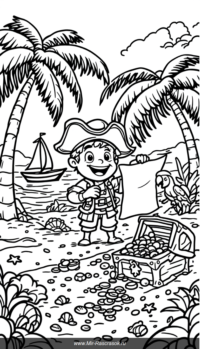 Весёлое приключение пирата на острове для детской раскраски