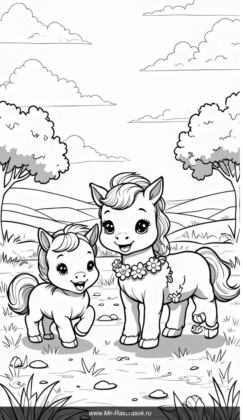 Три милых пони в цветущем лугу