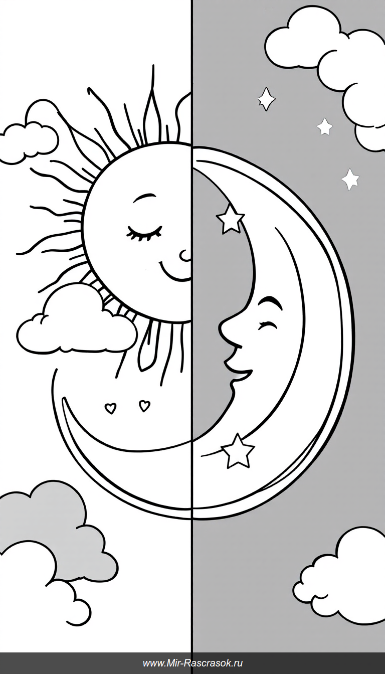 Дружелюбный день и ночь для детской раскраски