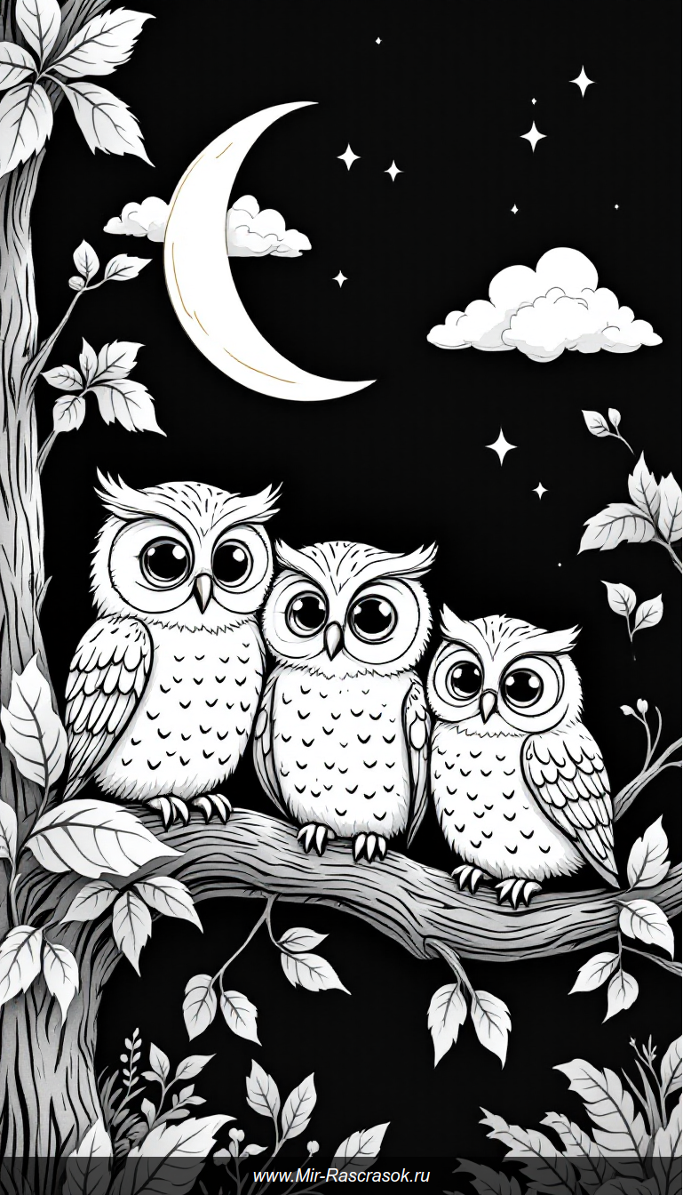 Три милые совы на ветке в уютной ночной раскраске для детей