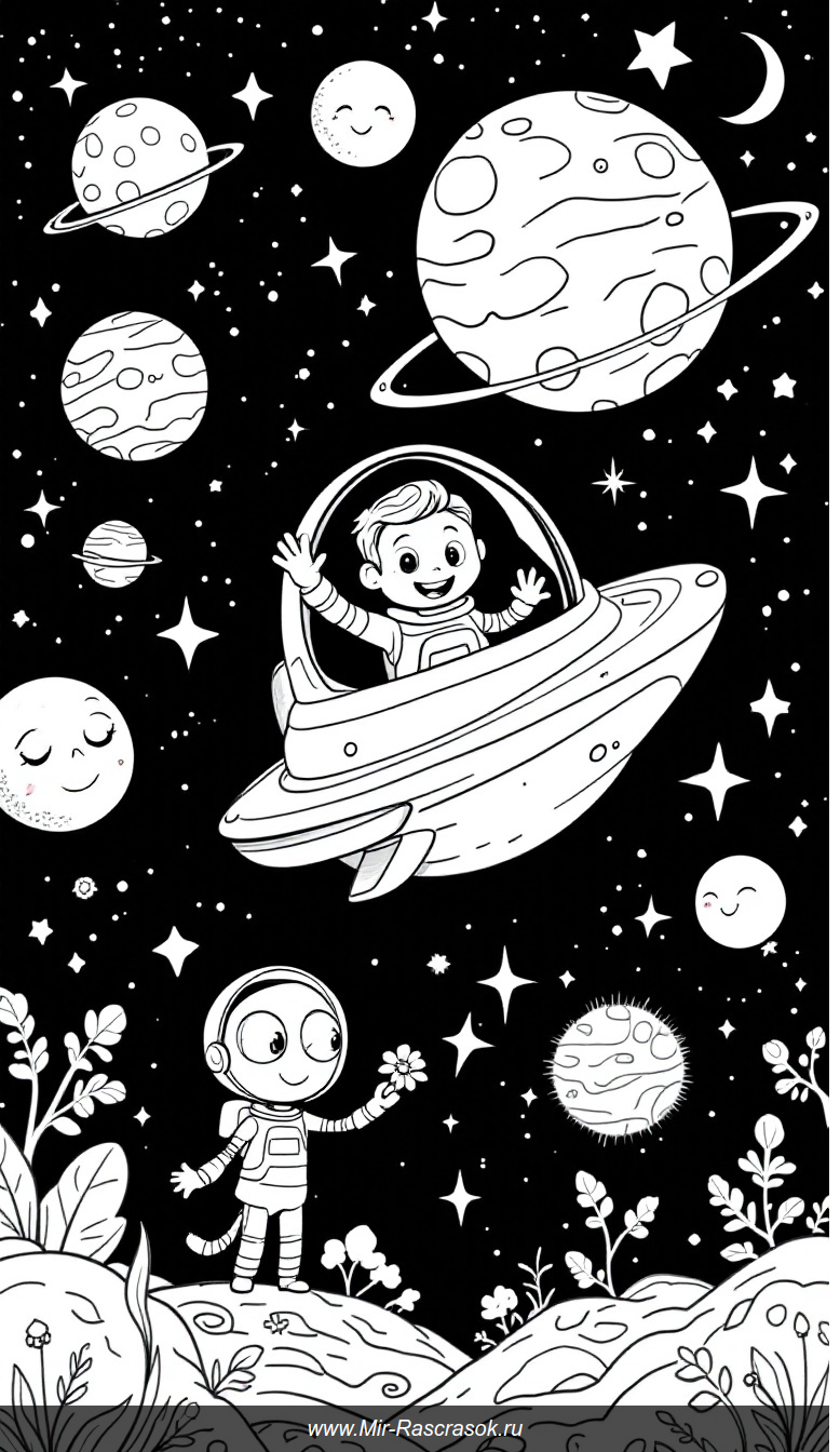 Веселое космическое приключение для детской раскраски