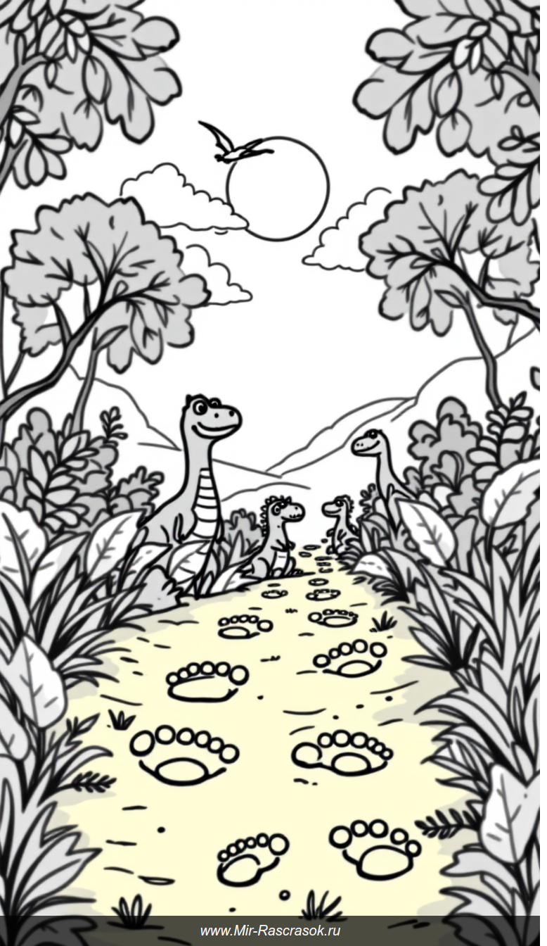 Детская раскраска с дружелюбными динозаврами и большими следами на тропинке