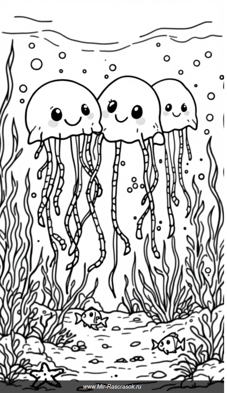 Весёлые медузы и морские друзья в раскраске для детей