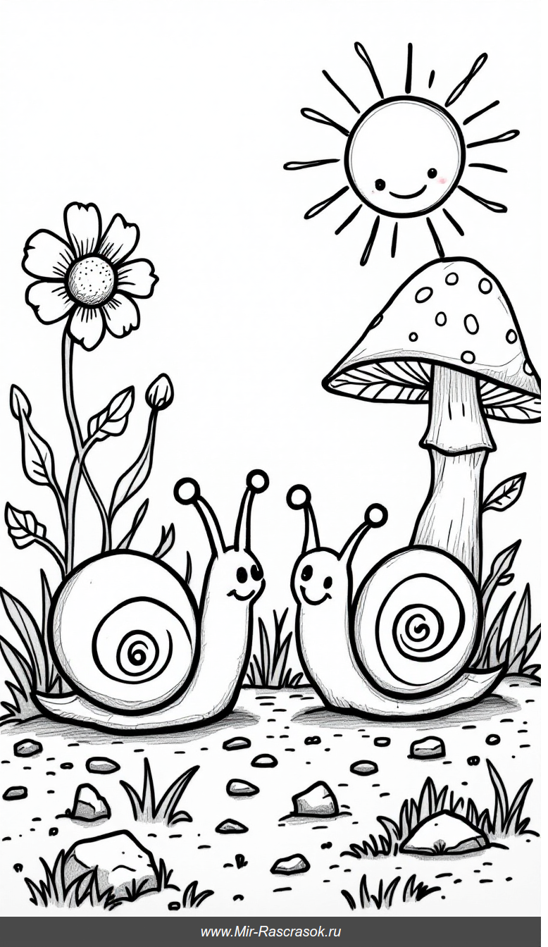 Веселые улитки в солнечном саду для детской раскраски