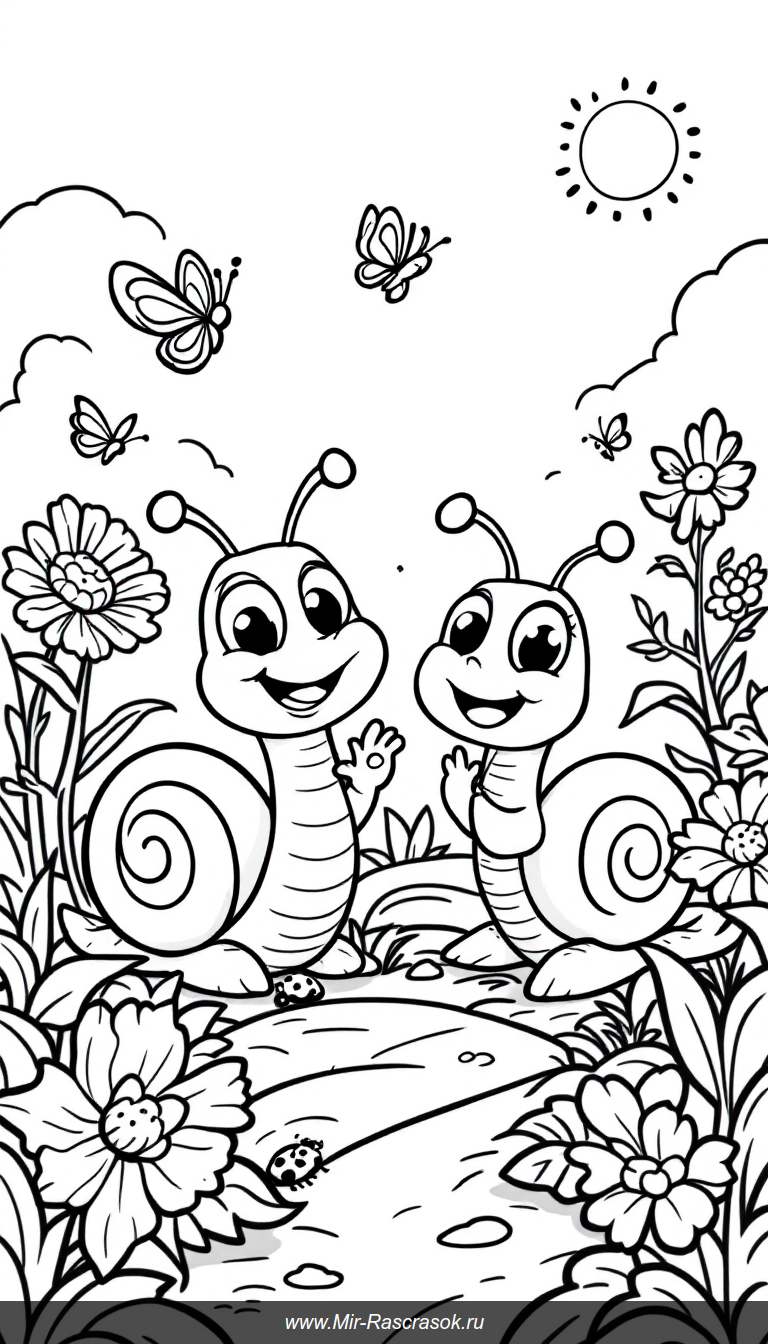 Дружелюбные улитки в саду забавная картинка для детской раскраски