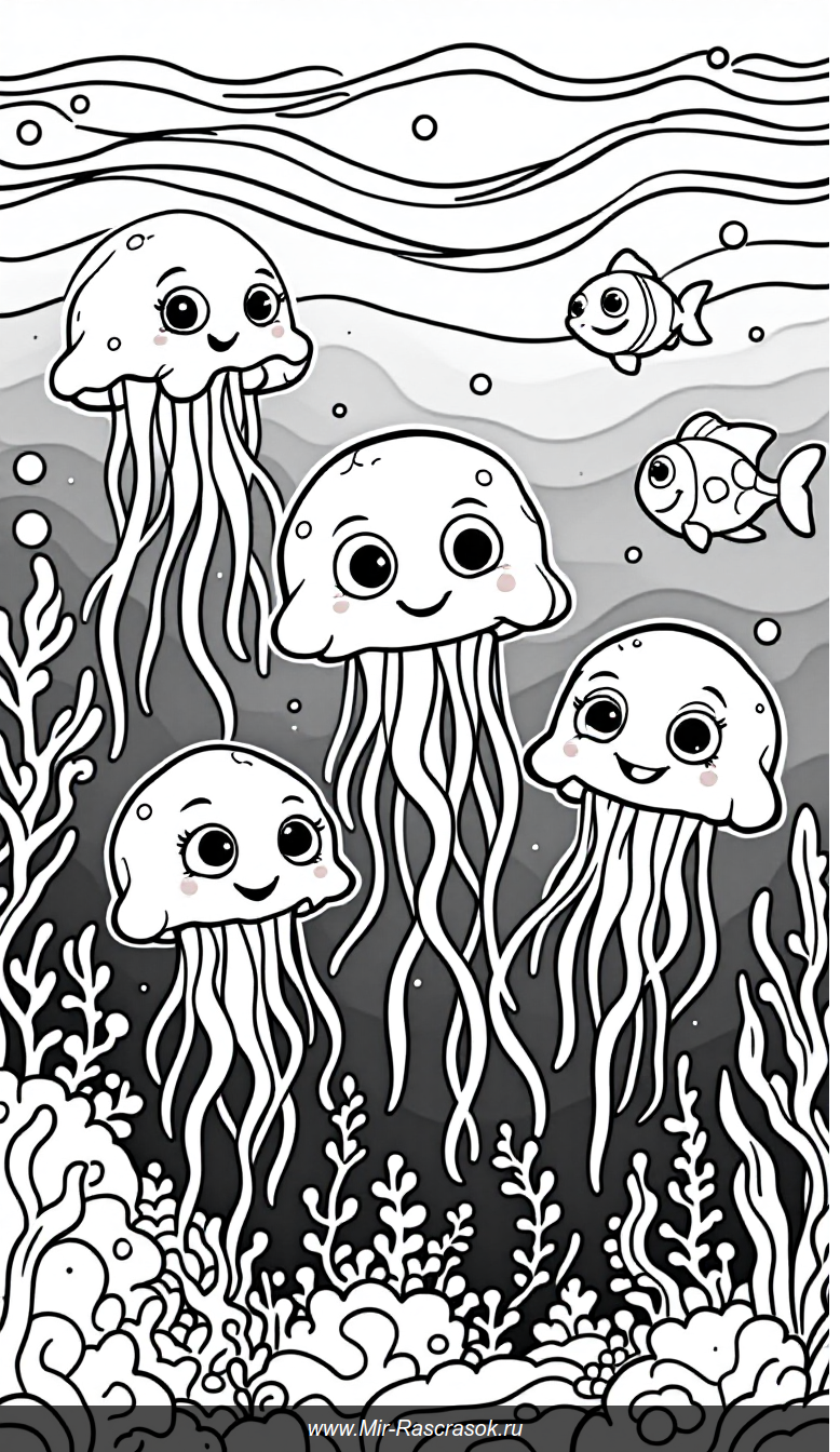Весёлые медузы в океане Раскраска для детей про подводный мир
