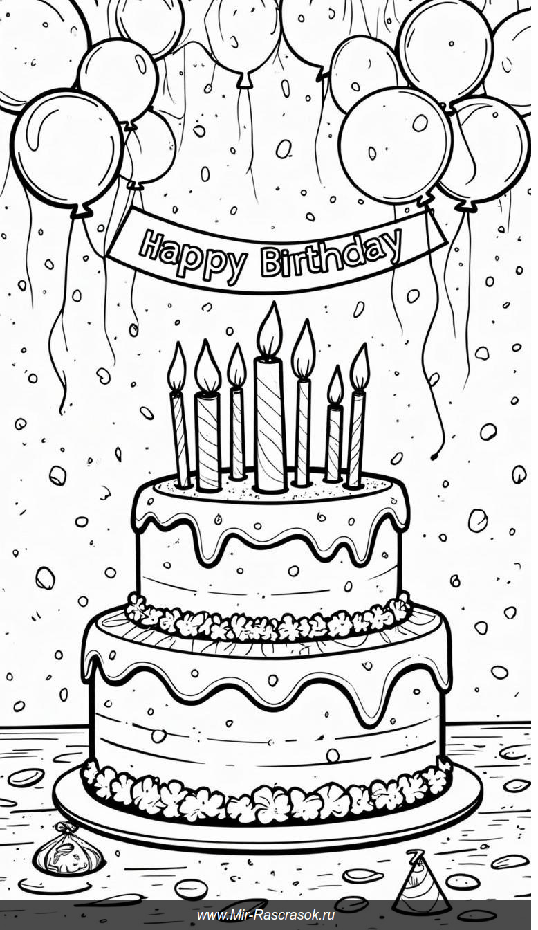 Веселый день рождения в раскраске