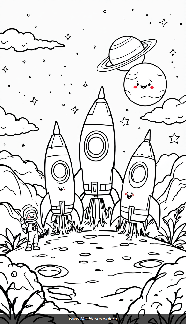Веселая космическая раскраска с ракетами и улыбающимися звездами
