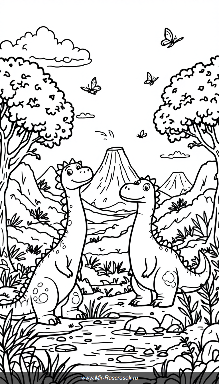 Погрузитесь в мир динозавров с нашей раскраской где дружная семья динозавров исследует волшебный доисторический лес 🌳🦕 Простые и яркие картинки для самых маленьких помогут развить творческие навыки и подарят много радости и улыбок 🎨🦖 Идеально для весёлого и познавательного досуга с детьми!