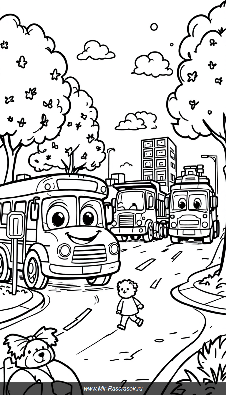Раскраска с дружелюбными грузовиками и автобусами на оживленной улице города