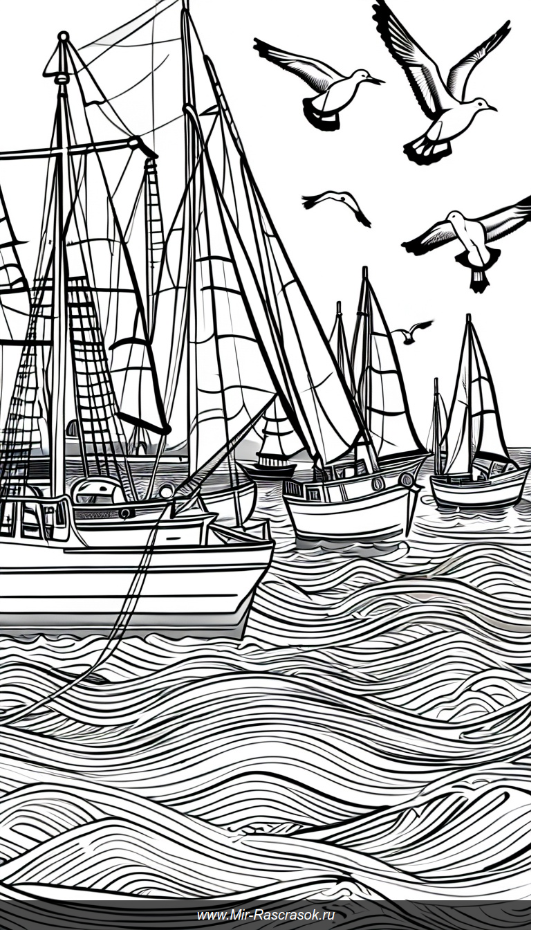 Раскраска порта с парусниками чайками и нежными волнами