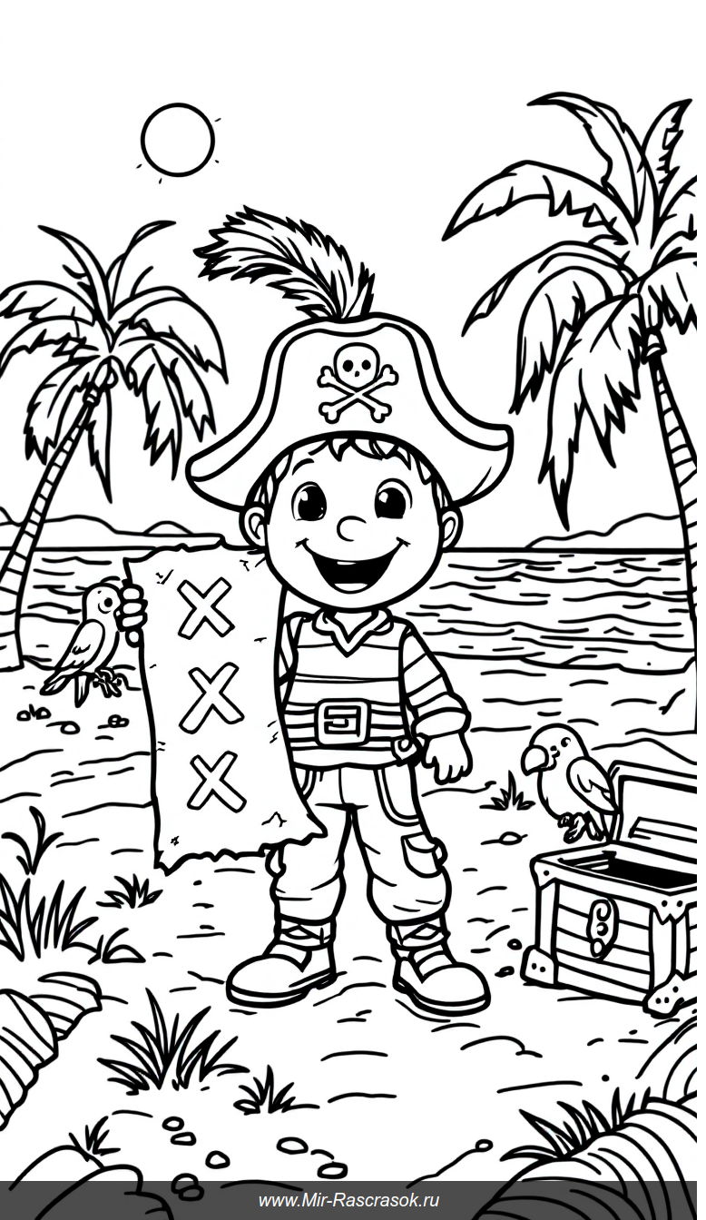 Весёлый пират и сокровища На пляже Книжка-раскраска для детей