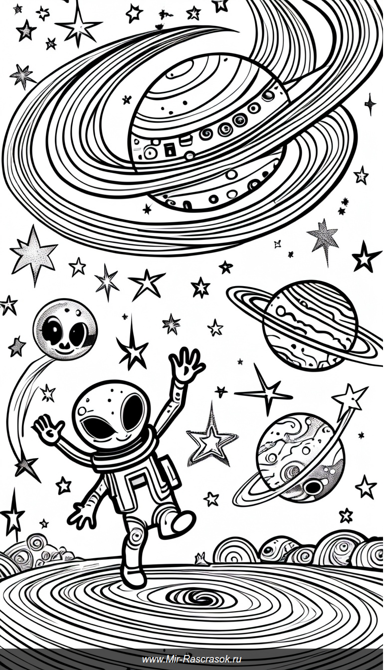 Раскраска с чудесами космоса дружелюбный пришелец среди планет и звезд