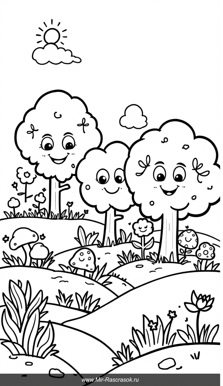 Весёлый лес: раскраска с добрыми улыбающимися деревьями для малышей