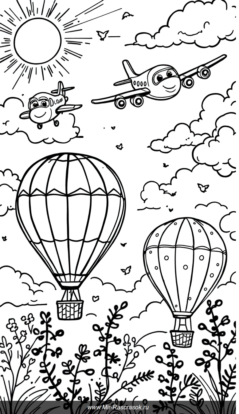 Раскраска с радостным небом самолетами и воздушными шарами для детей