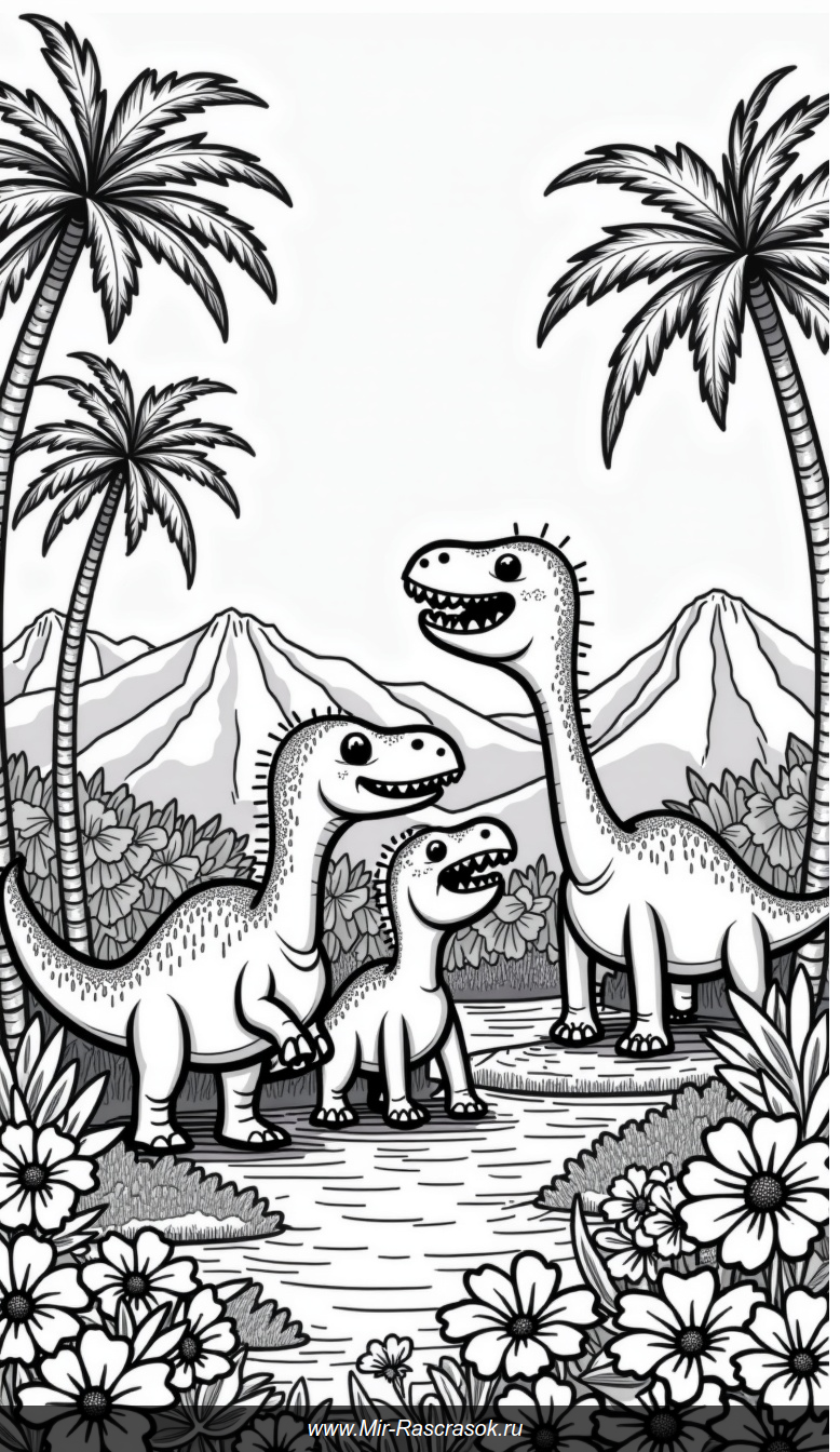 Раскраска с веселыми динозаврами в доисторическом джунглях