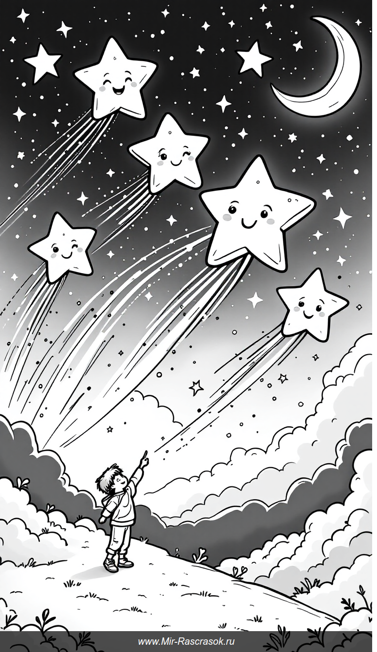 Волшебное небо с улыбающимися падающими звездами для детской раскраски