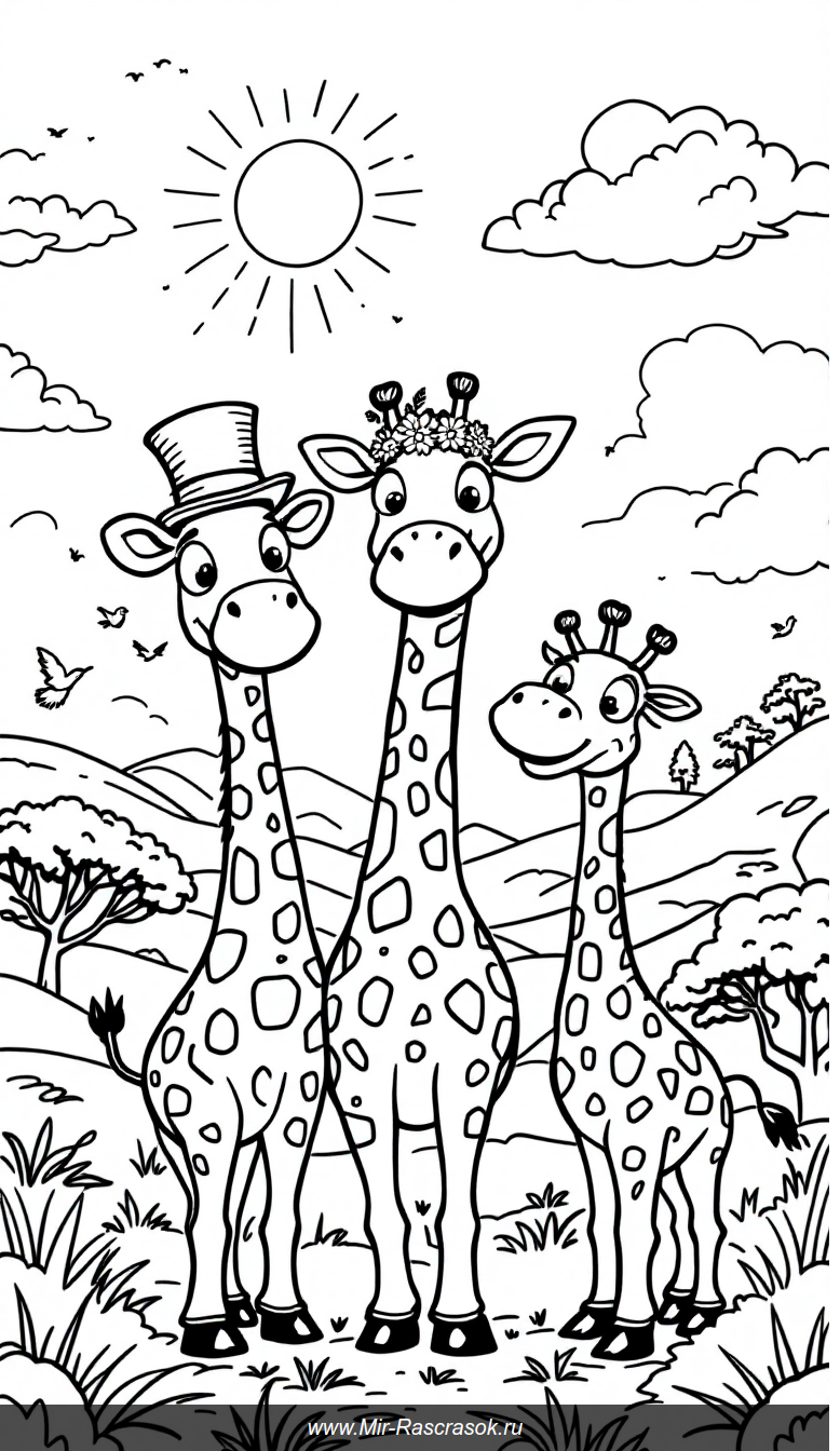 Весёлые жирафы в забавных шляпах на солнечной саванне для раскрашивания