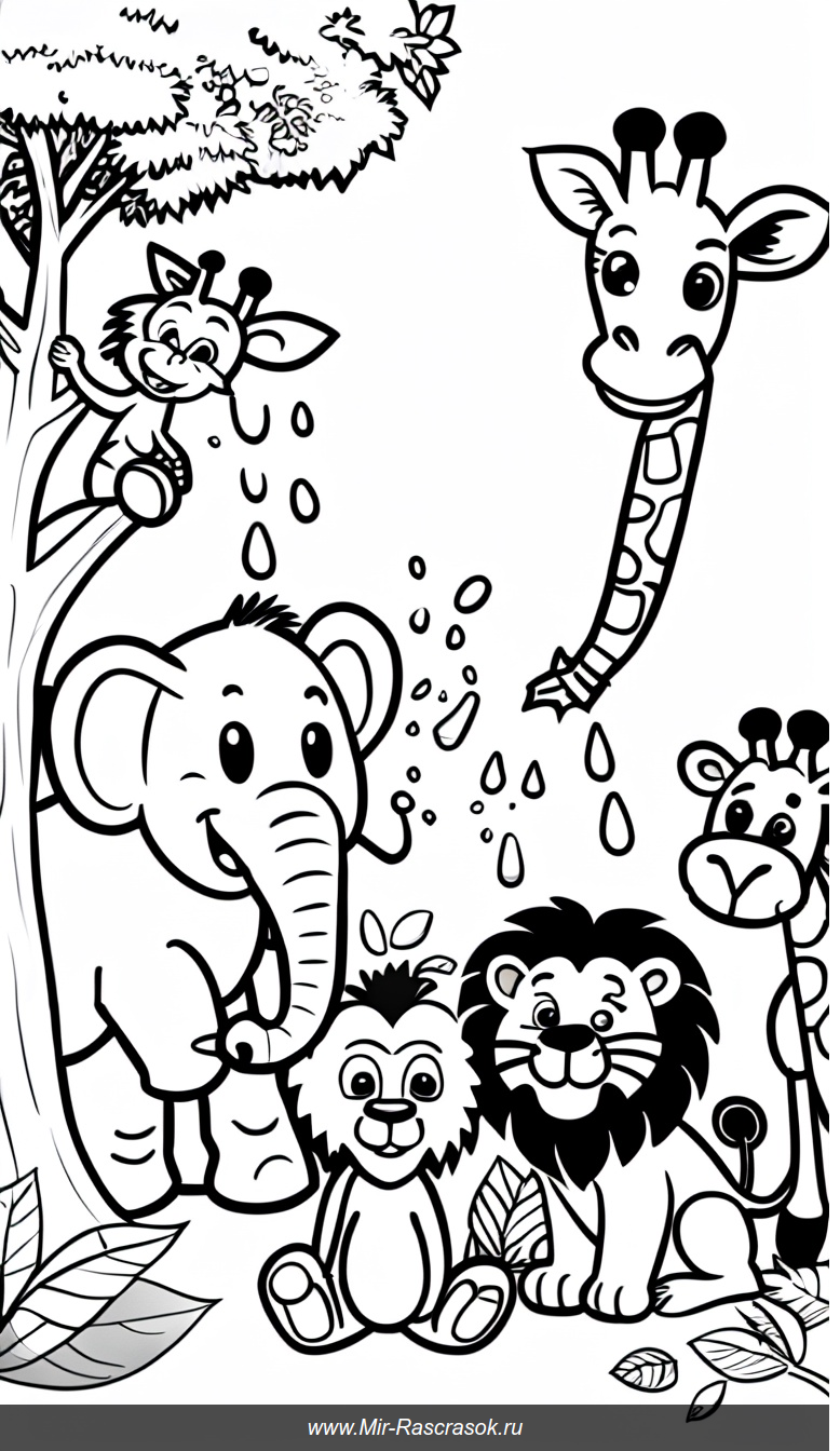 Веселые животные зоопарка в раскраске для детей