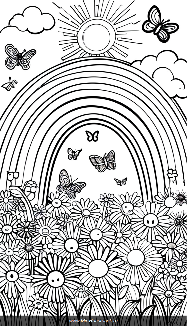 Радужное настроение в черно-белом раскраске с цветущим лугом и бабочками