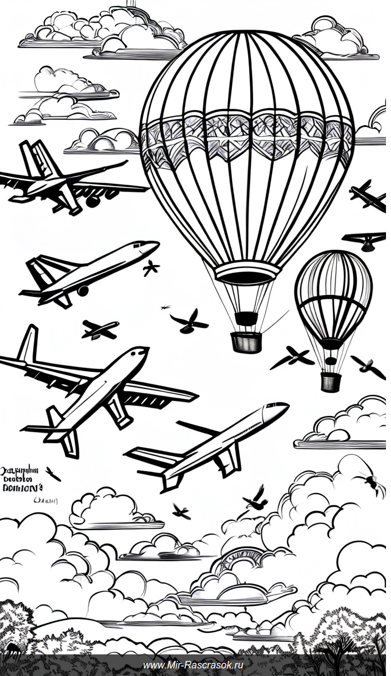 Раскраска небо самолеты воздушные шары облака птицы для творчества