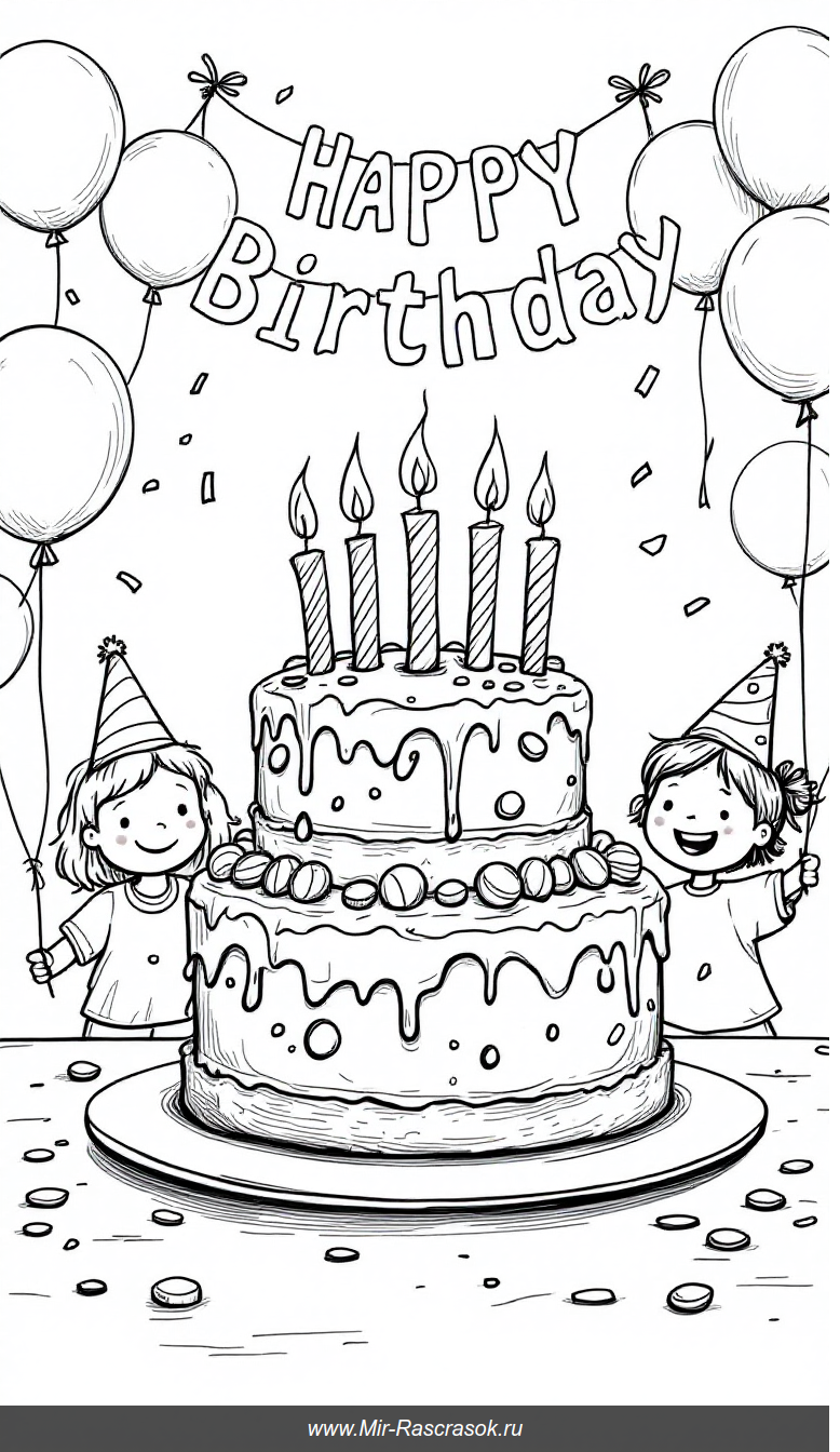Веселый праздник с большим праздничным тортом для раскраски детей
