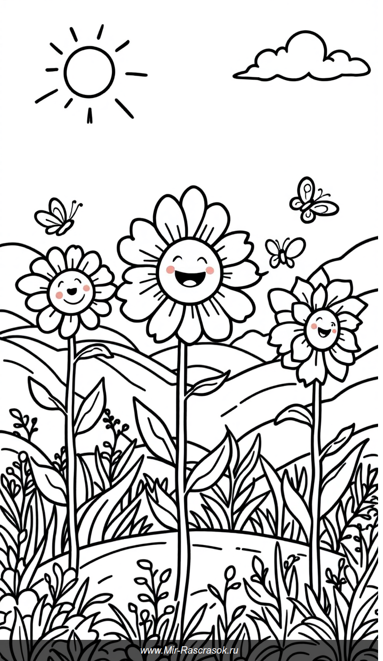 Веселый сад с улыбающимися цветами для детской раскраски