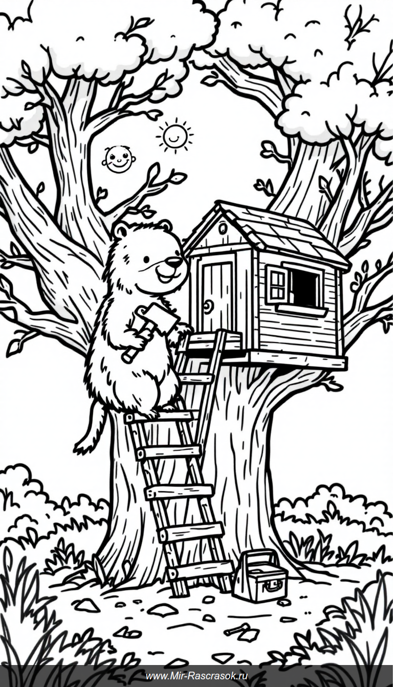 Дружелюбная капибара строит домик на дереве Раскраска для детей