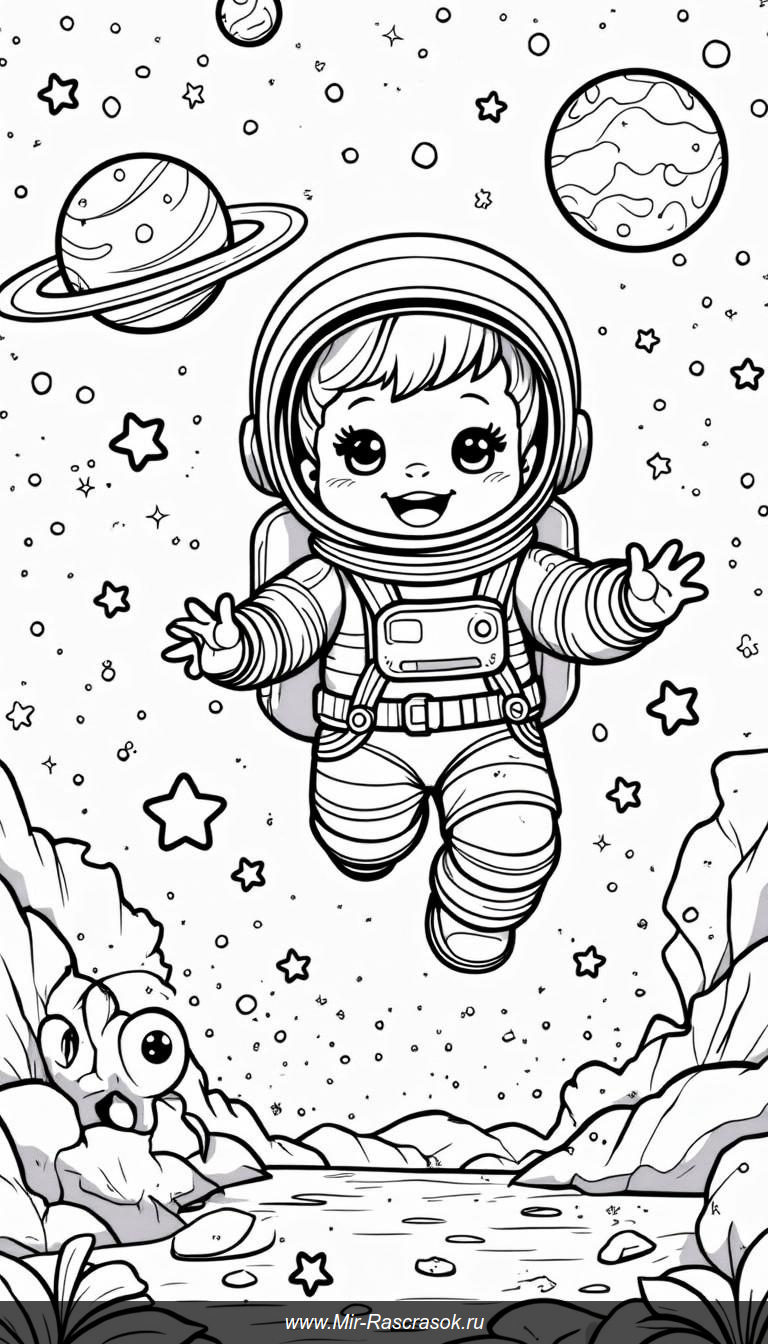 Рисунки из раскраски: астронавт в космосе и дружелюбный пришелец