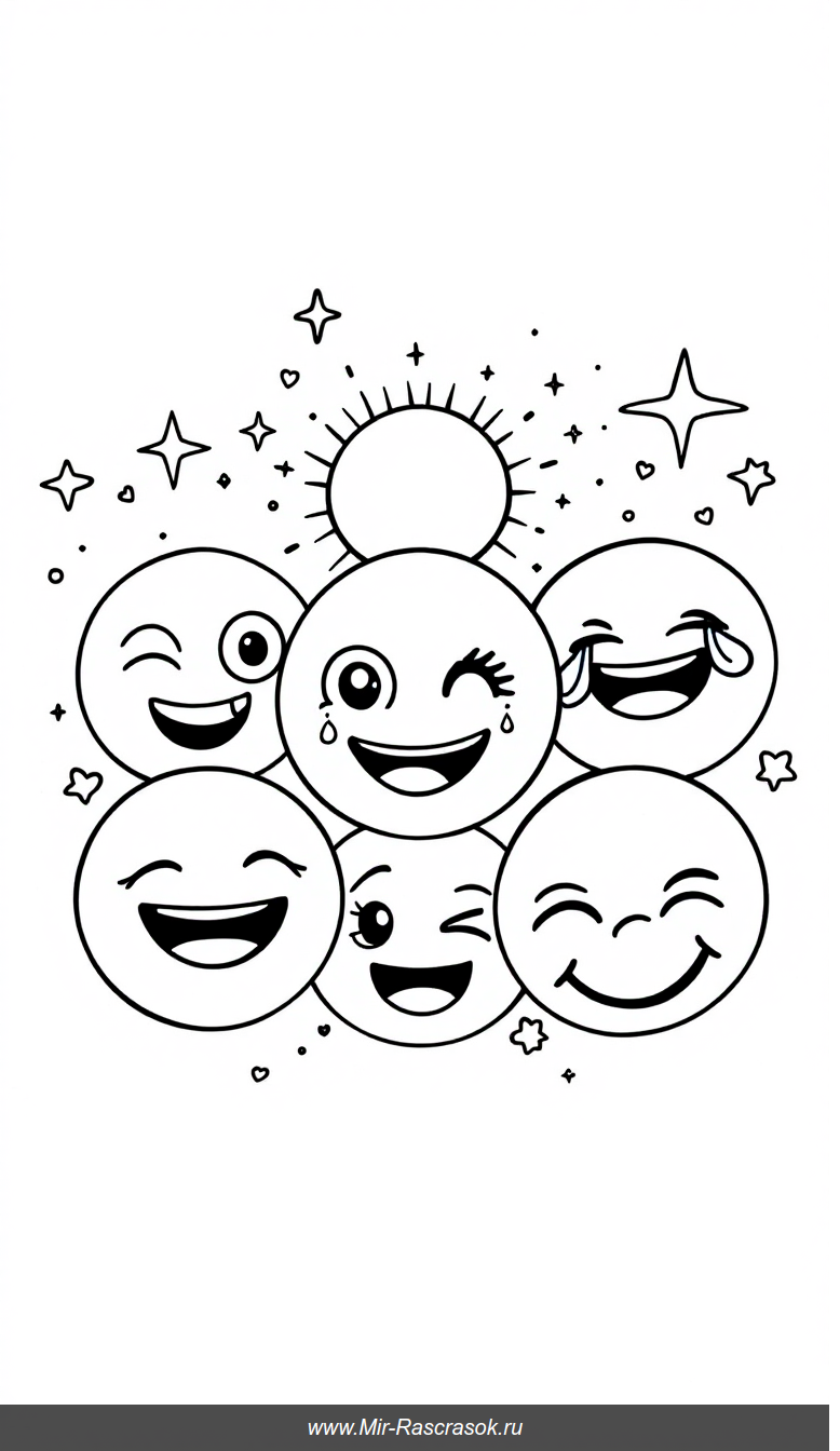 Весёлые смайлики и солнце в раскраске для детей с простыми контурами
