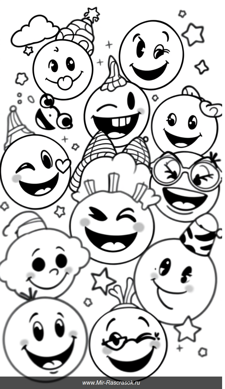Веселые эмодзи для детей раскраска с простыми и яркими выражениями