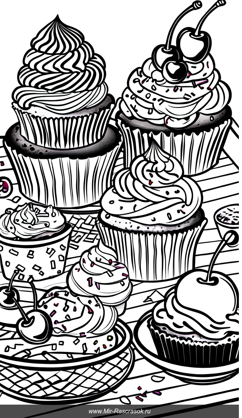 Раскраска с милыми кексами и мороженым на веселом пикнике