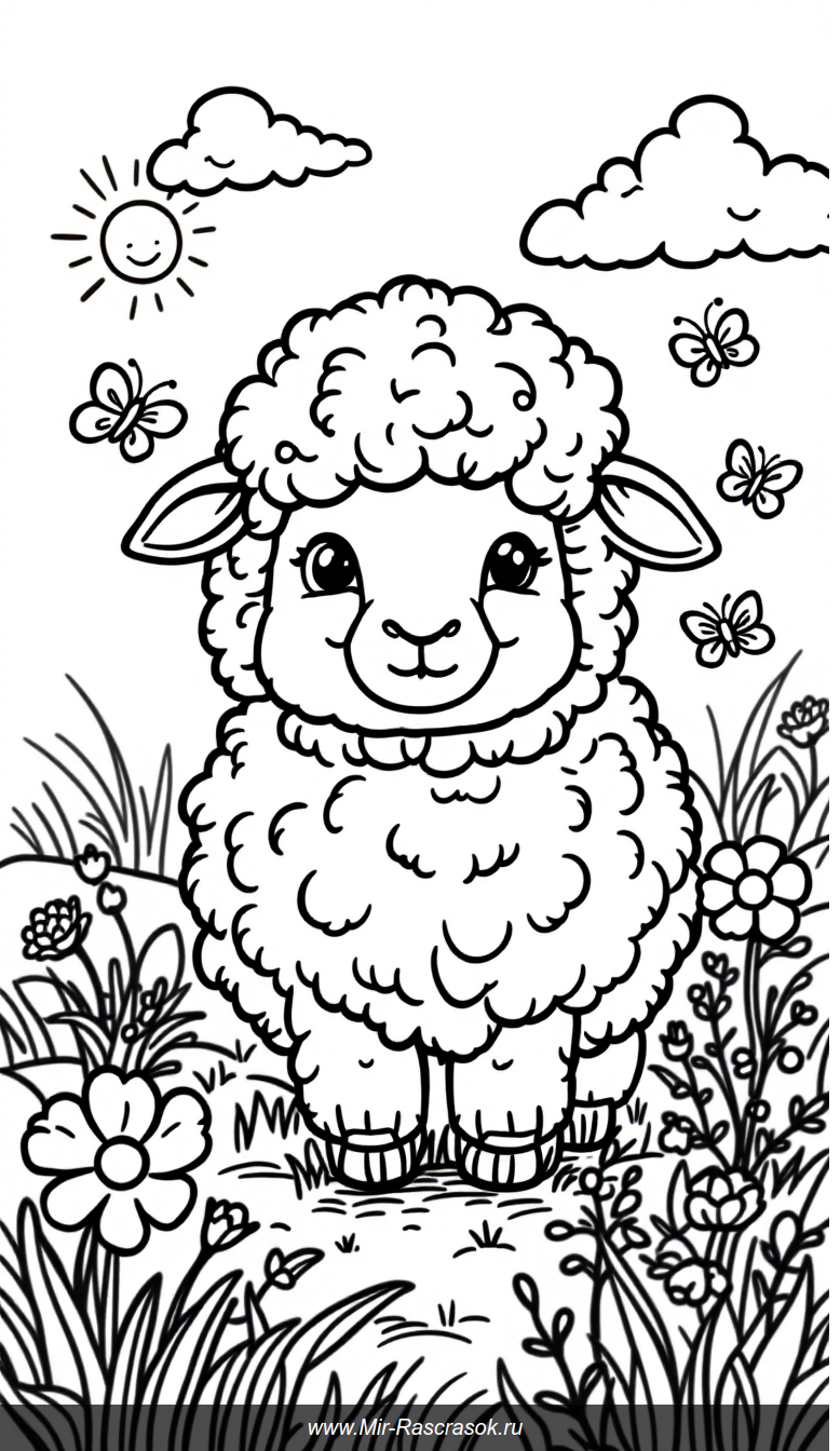 Веселая раскраска с пушистым барашком и цветочным лугом